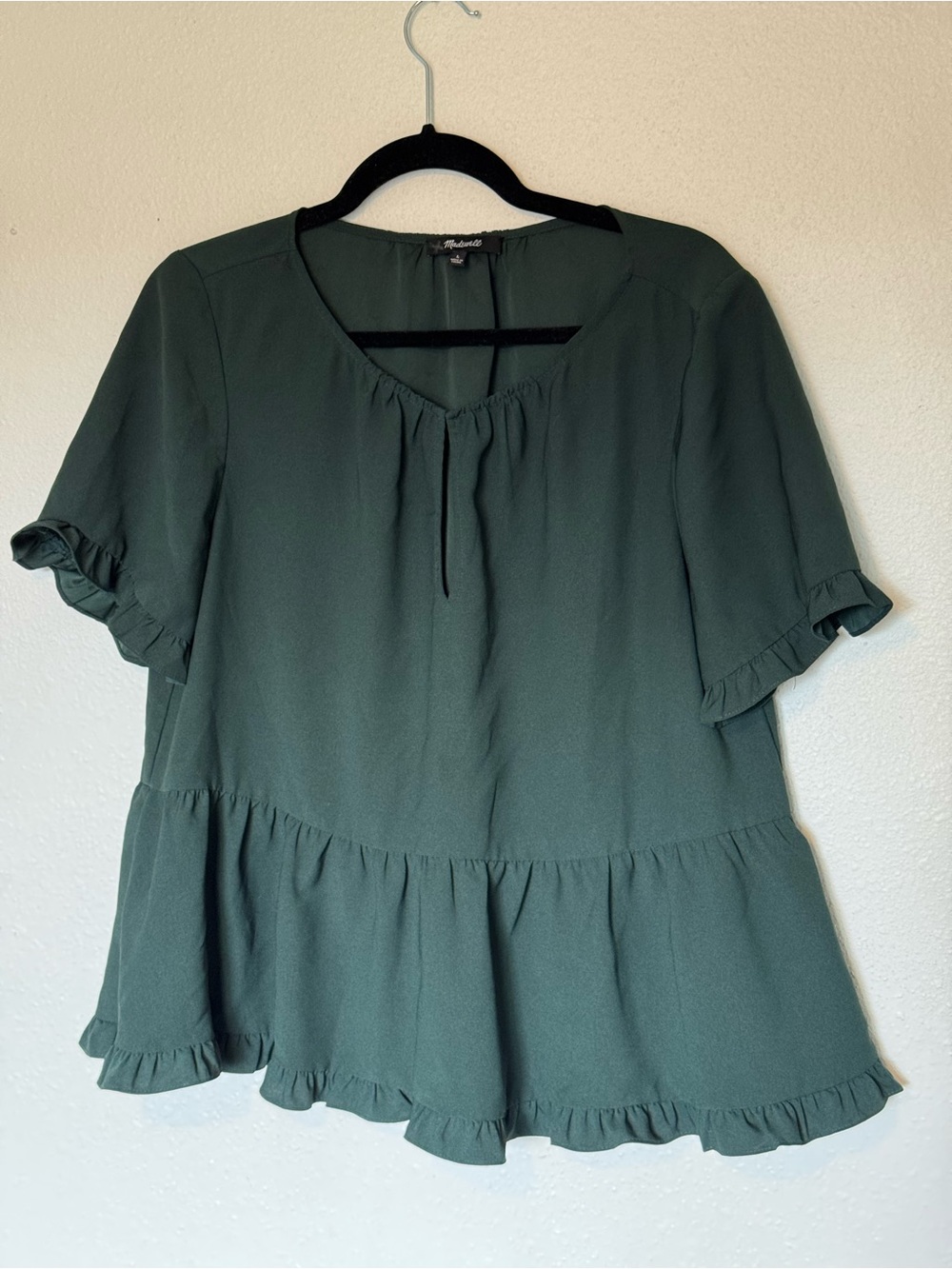 Madewell Dark Green Ruffle Peplum Tie-Neck Blouse